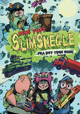 Forsidebillede af bogen "Slimsnegle fra det ydre rum". Billedet forestiller de tre børn Trolle, Funder og Flora, og en række situationer fra bogen. 